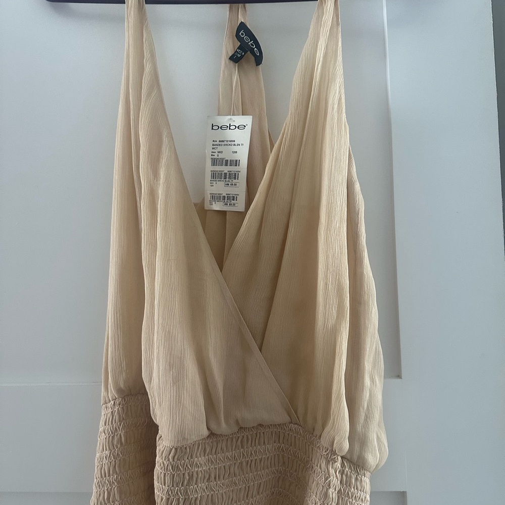 Bebe Light Tan V-neck 100% silk top with gathered bottom